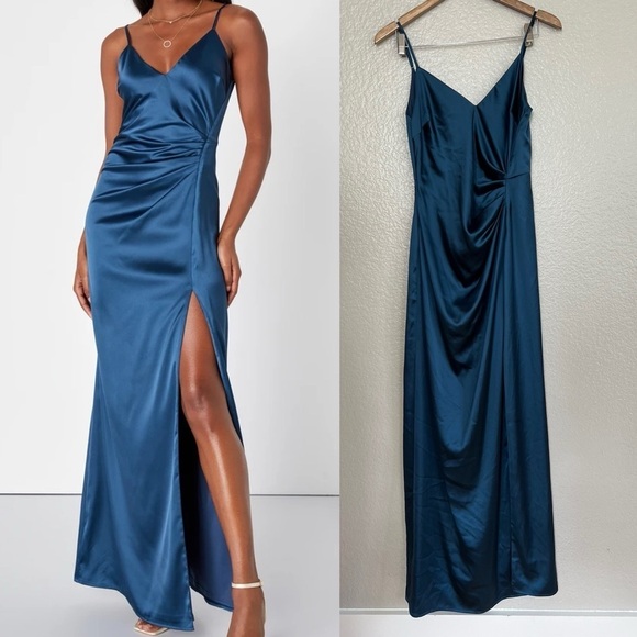 Delightful Allure Dark Blue Satin Pleated Backless Maxi Dress - Picture 1 of 8